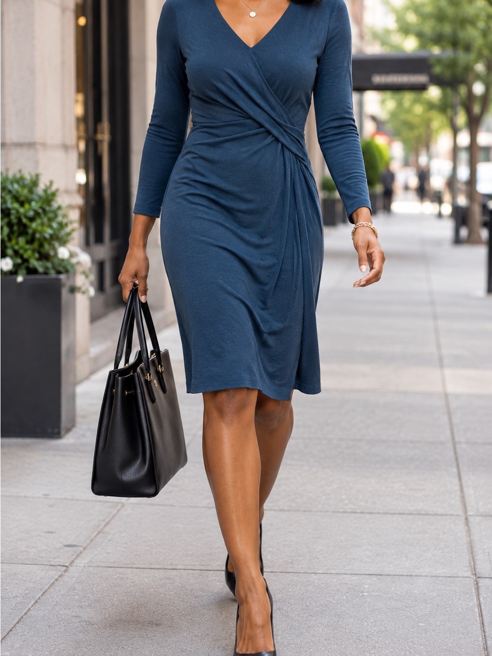 Ann Taylor Navy Blue Wrap-Front Midi Dress